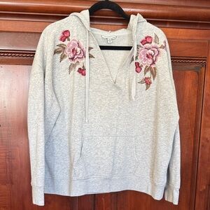 American Eagle Outfitters Light Gray Hoodie with Pink Floral Embroidery